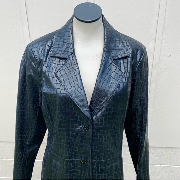 Dialogue Black Leather Jacket Croc Embossed Coat Lined Shimmer Size L Pockets - Picture 3 of 16